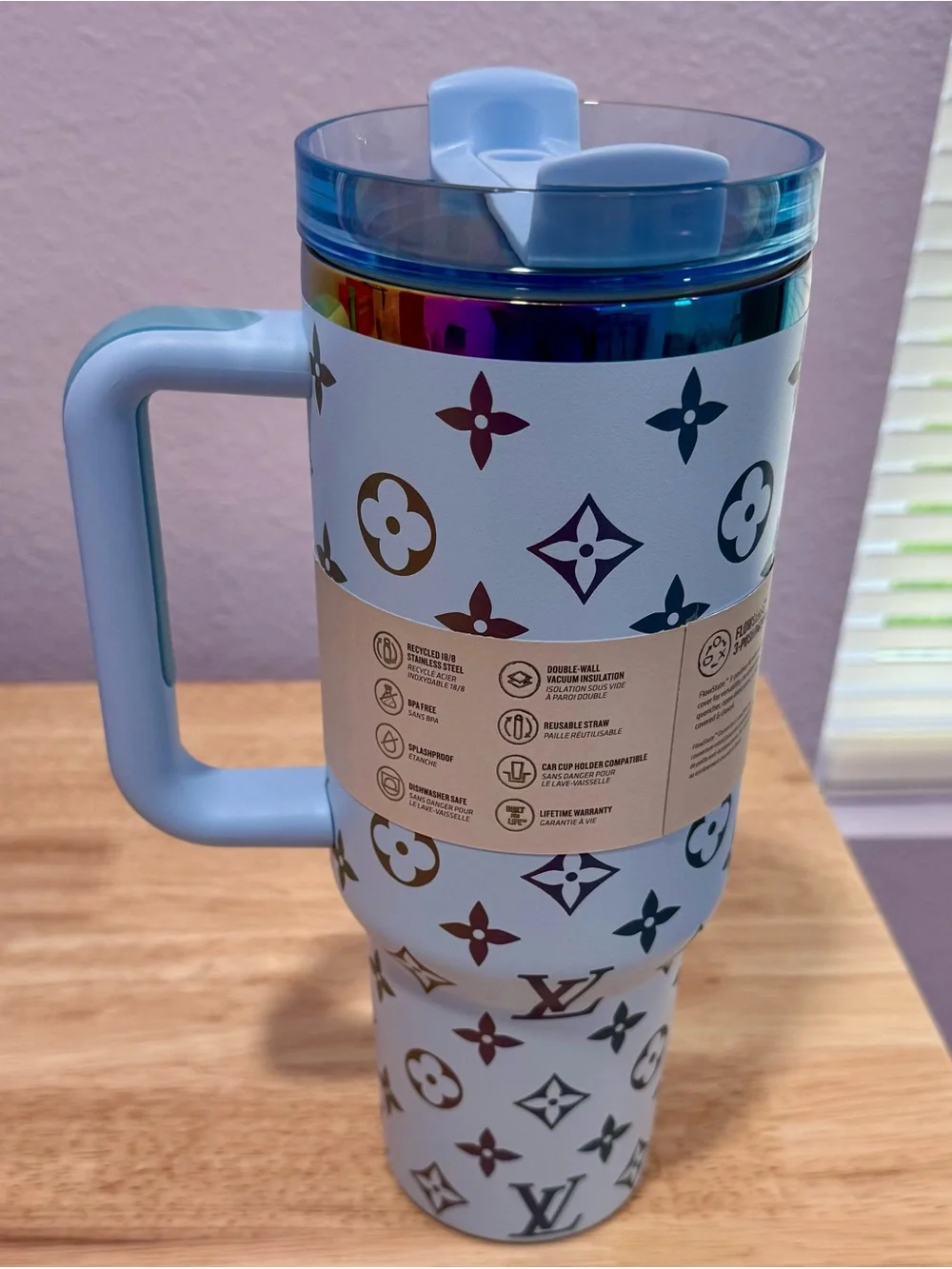 New Stanley Light Blue Tumbler with Multicolor Metallic Monogram - Picture 3 of 9